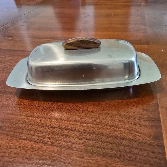 Vintage Stainless Silver Butter Dish with Wooden Handle - Picture 9 of 9